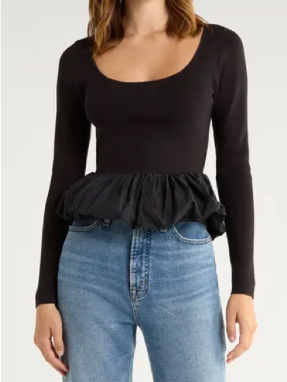 Rails Tillie Black Long Sleeve Knit Scoop Neck Peplum Top